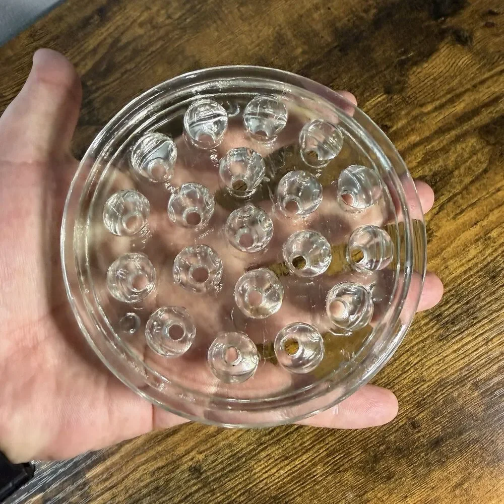 Vintage Glass Flower Frog 19 Hole Clear Round 4.75” Floral Arrangement